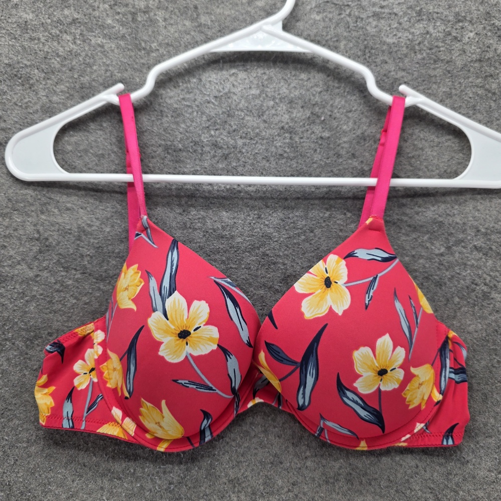 PINK Bra Womens 36B Pink Push Up Underwire Molded Padded Floral Print Stretch